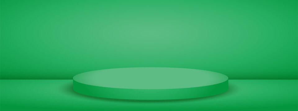 Limbo green studio room with podium. Light background stage. Abstract 3d bg with empty space for advertising text.