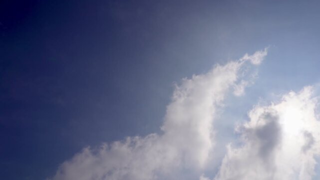 Blue sky video with dynamic cloud shapes moving calmly  recorded at normal speed showcasing atmospheric depth cloud motion natural lighting shifts and real time movement perfect for nature projects ci