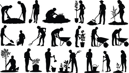 Black Silhouette Vector Set of Gardeners and Farmers Working, Planting, Shoveling, Raking, and Tending Plants and Trees.