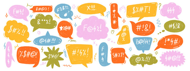 Rough chalk style speech bubbles with swear words. Hand drawn crayon doodle comic balloons featuring curses, angry expressions and aggressive phrases.