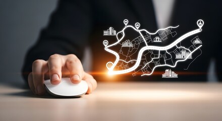 Hand using computer mouse with digital city map overlay