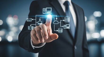 Businessman interacting with digital network interface representing cloud computing and data management