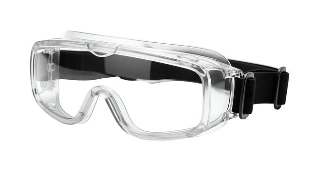 Clear protective eyewear with transparent lenses and a black adjustable head strap
