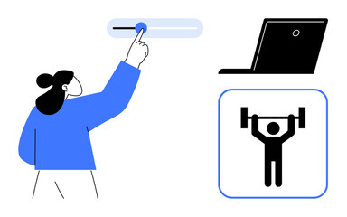 Woman adjusting slider, laptop, and weightlifting icon suggesting fitness, technology, customization, health consciousness, accessibility, virtual training and adaptability. Flat simple metaphor