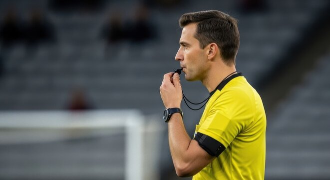 Male referee blowing a whistle during a soccer game. Decision making and enforcement of rules in sport for fair play. Professional officiating.