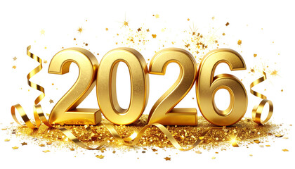 Golden 2026 with Confetti Burst and Ribbon Streamers, Isolated PNG