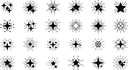A large collection of black line icons depicting stars and starbursts with radiating lines, representing sparkle, magic, glitter, or light explosion.