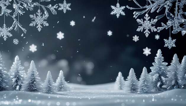 Winter dark black background with frozen Christmas trees and snowflakes, Soft bokeh lights, festive atmosphere, horizontal banner, copy space, free space for text - Powered by Adobe
