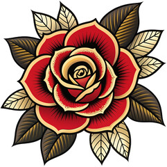 Classic traditional tattoo flash of a full blooming rose with detailed leaves.
