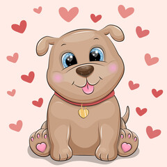 Cute cartoon Puppy with hearts. Vector illustration of animal on light red background with hearts.