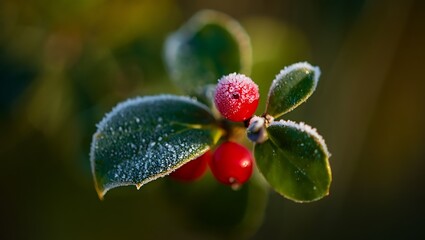 Obraz premium Close up macro shot of bright red holly berries and frosty evergreen leaves in soft natural light during winter