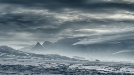 rift. A vast Antarctic glacier with a massive, geometric blue void in the ice, under a troubled, melancholic sky. ESG reports.