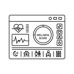 Black and white line art icon representing a digital health dashboard with wellness score and vital sign monitoring isolated on
