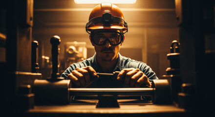 A focused machinist meticulously operating heavy machinery, bathed in the warm, industrial glow of a workshop. The image evokes a sense of precision and dedication to craft.