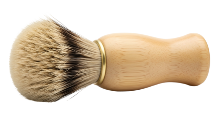 A close-up of a shaving brush with a light wood handle and soft bristles