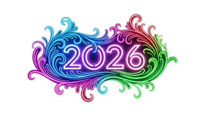 Neon 2026 within a decorative, swirling, gradient floral design on black