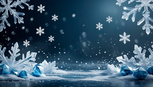 A festive winter scene with snowflakes and colorful bokeh lights. Magical atmosphere for New Year and Christmas celebrations, horizontal banner, copy space, free space for text
