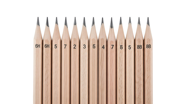 Close-up of aligned drawing pencils showcasing different hardness grades, with labels