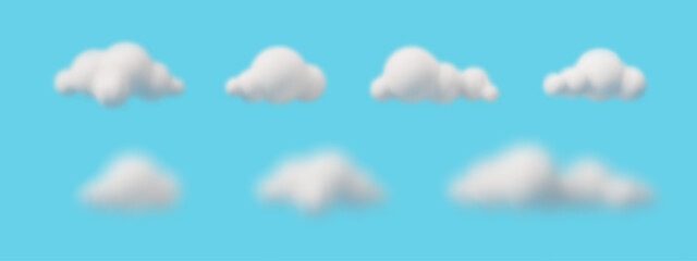 Soft 3D fluffy clouds floating on a white background. Gentle cartoon-style sky elements with dreamy, realistic forms