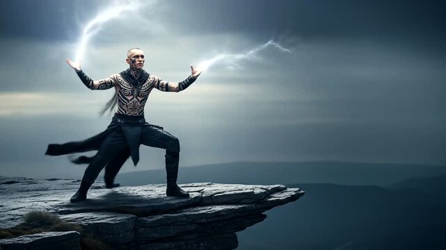 Mystic Lightning Sorcerer on Cliffside - A Fantasy Power Unleashed.