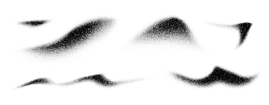 Abstract noise and grain wave texture set. Black and white dot spray pattern with halftone gradient and dust effect. Grunge vector background for design, illustration, and creative overlay elements