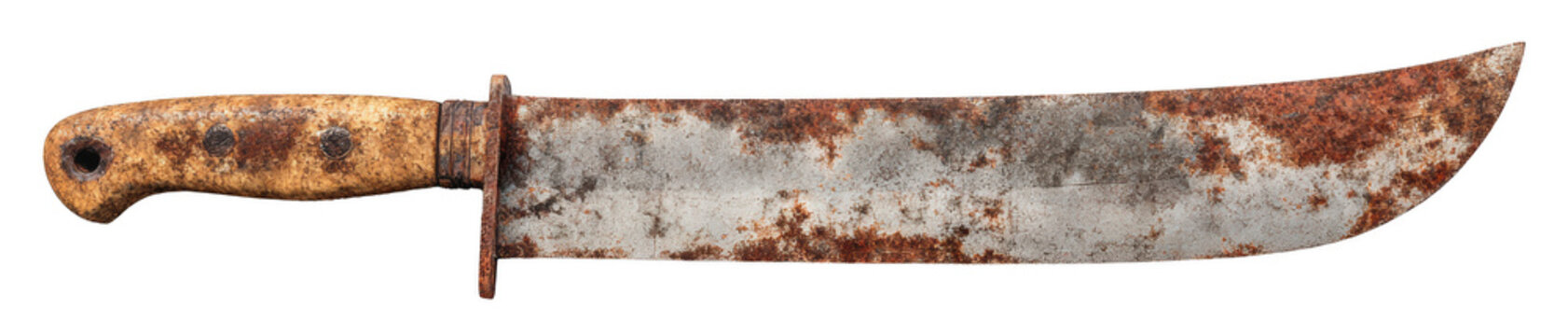 Old rusty machete blade, isolated on transparent background, vintage tool or weapon, photorealistic texture, professional lighting