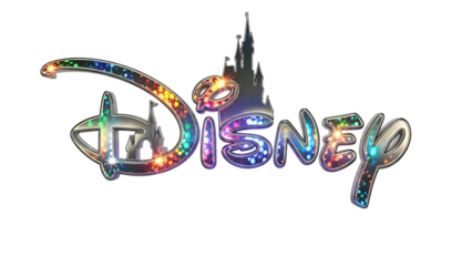 Silver-outlined script with colorful sparkles and a silhouette castle over the "i" on black