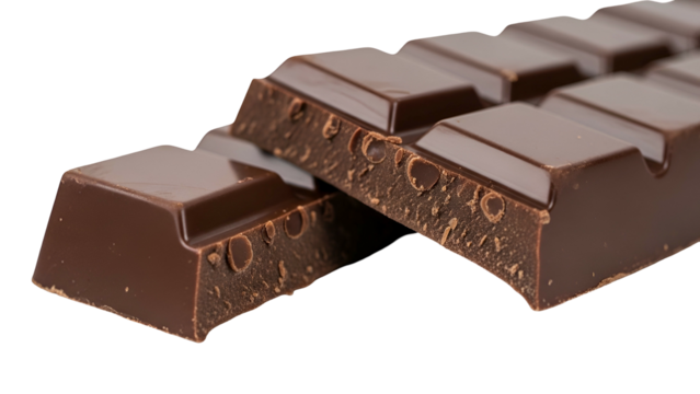 Close-up of a broken bar of rich, dark chocolate with detailed texture