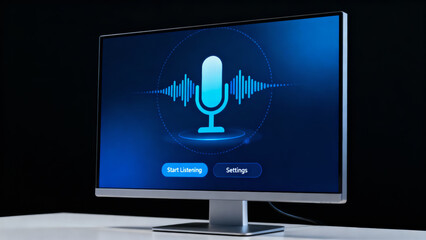 Futuristic voice activated ai search technology modern computer monitor. Smart assistant with microphone listening for command