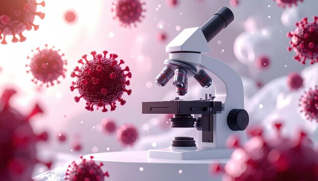 Disease Spread Epidemiology Modeling: Laboratory microscope with viral particle projections floating above
- Powered by Adobe