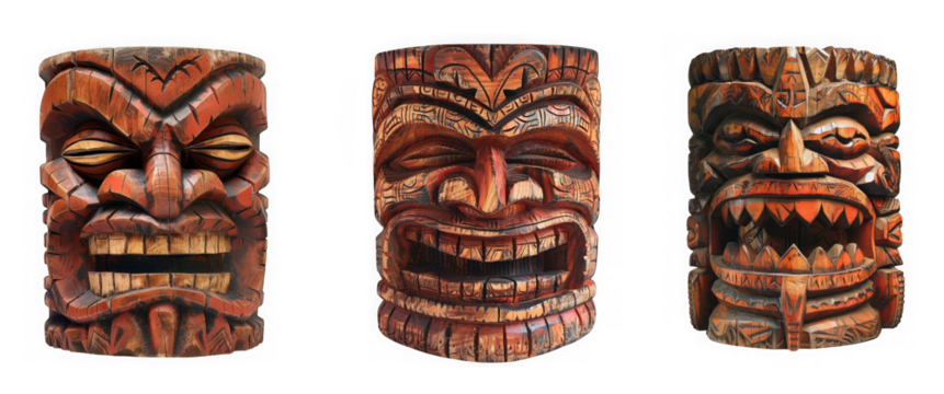 Three traditional carved wooden tiki statues with distinct facial expressions, showcasing ancient polynesian art, isolated on transparent background