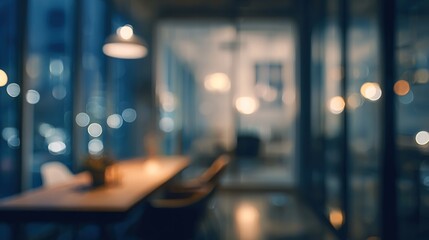 A night-time view of a beautifully abstract, blurred office interior room. The working space is depicted with a defocused effect, creating a soft and elegant ambiance that highlights the room's modern
