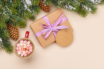 Gift box, cup with marshmallows, snowy fir branches