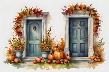 Naklejka premium Seasonal wreaths and door decorations on a home entrance