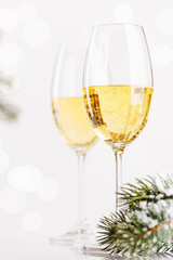 Champagne glasses and snowy fir on white