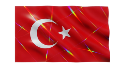 A vibrant, waving national emblem of red with a white crescent moon and star, overlaid with light