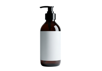 Amber glass pump bottle with blank white label for cosmetic or liquid product, isolated isolated on transparent background