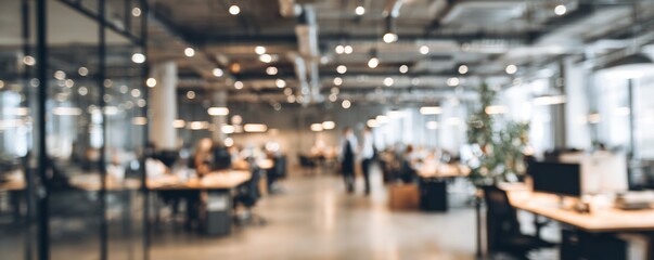 Abstract blurred interior modern office space with business people working banner background with copy space. High quality