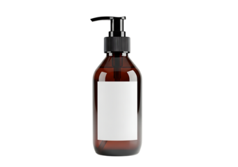 Amber pump bottle with white label isolated on black background for cosmetic and pharma isolated on transparent background