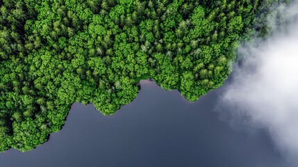 Aerial view of a dense green forest canopy bordering a dark water body, with wisps of white fog creeping in from the right side.