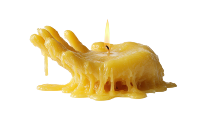 A candle melting naturally into the shape of a human hand, dripping wax details, Transparent background, PNG file