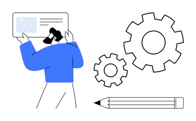 Man holding tablet with image and text, large gears behind him, pencil in foreground. Ideal for design, innovation, creativity, analysis, productivity teamwork education. Simple flat metaphor