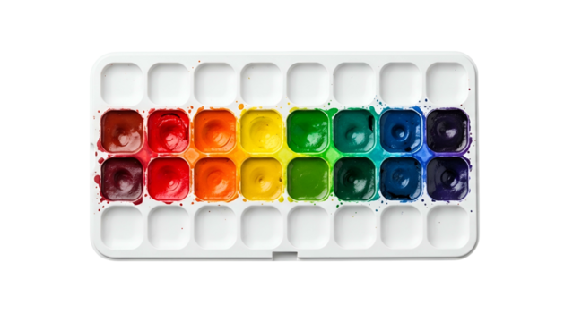 Watercolor paint set, arranged by color across a white palette, some colors used