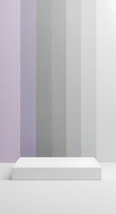 Fototapeta premium A minimalist white rectangular pedestal against a striped background of purple, grey, and white.