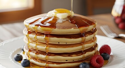 Delicious stack of pancakes with syrup and berries breakfast food photography for food blog and recipe website