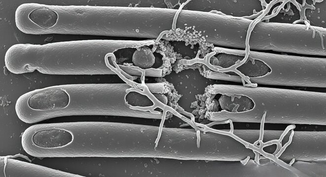 Fungal enzymatic attack causing lysis of algal filaments