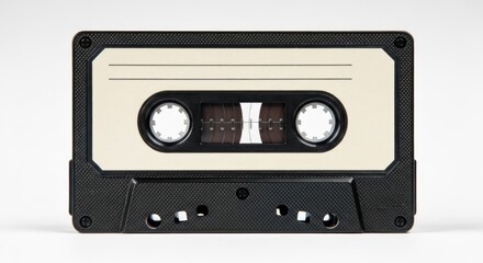 Fototapeta premium Black cassette tape with ivory label, on a white background
