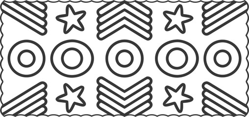 Abstract black and white geometric pattern border featuring stars, circles, chevrons, and diagonal stripes for decorative use.