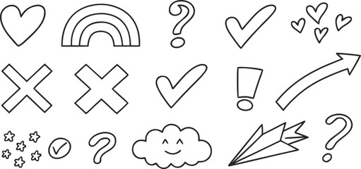 Hand drawn doodle icon vector set featuring communication symbols: hearts, check marks, crosses, question marks, arrows, happy cloud.