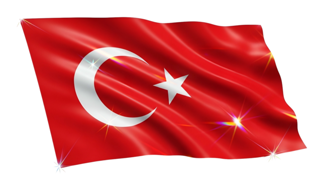 A digitally rendered, waving national emblem of red, with a white crescent and star